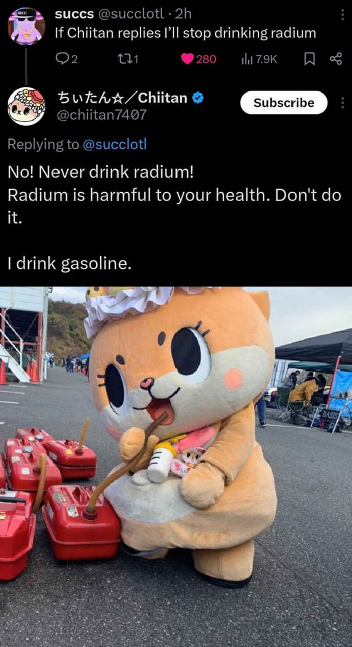 I drink gasoline Мем, где талисман Чиитан отвечает на твит, а затем показывает, что пьет бензин
