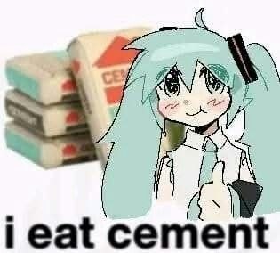 Милая аниме-девушка на фоне книг с подписью «I eat cement» — «Я ем цемент».