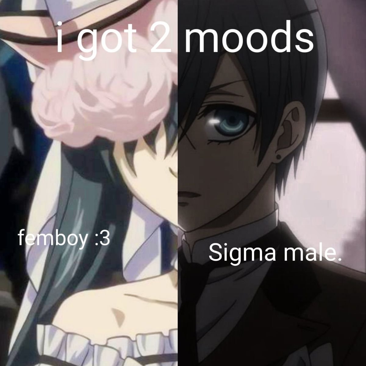 Аниме-мем «i got 2 moods» с двумя настроениями: милый femboy и мрачный Sigma male.