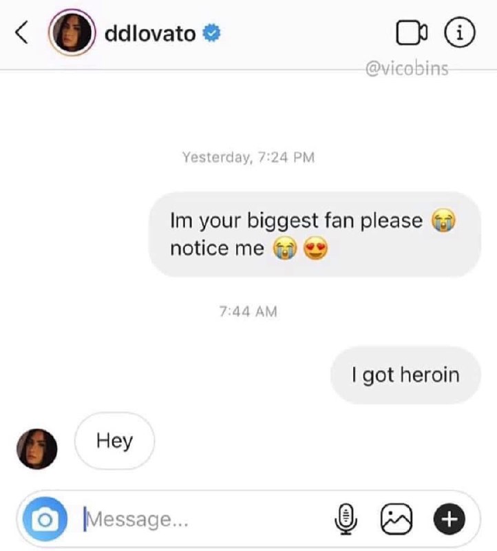 У меня есть героин Деми Ловато Переписка в личных сообщениях Instagram, где фанат сначала пытается привлечь внимание Деми Ловато сообщением «Я ваш самый большой фанат, пожалуйста, заметьте меня», а затем, не получив ответа, пишет «У меня есть героин», на что Деми Ловато моментально отвечает «Привет».