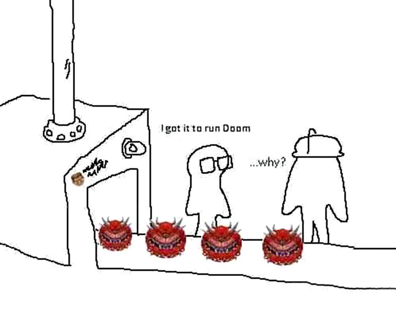 I got it to run Doom Два нарисованных человечка стоят у конвейера с какодемонами из Дума