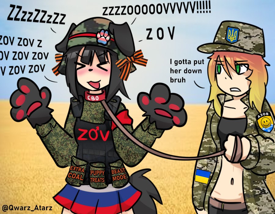 Аниме-девушка в форме с символикой ZOV засыпает, пока девушка в украинском камуфляже говорит: «I gotta put her down bruh»