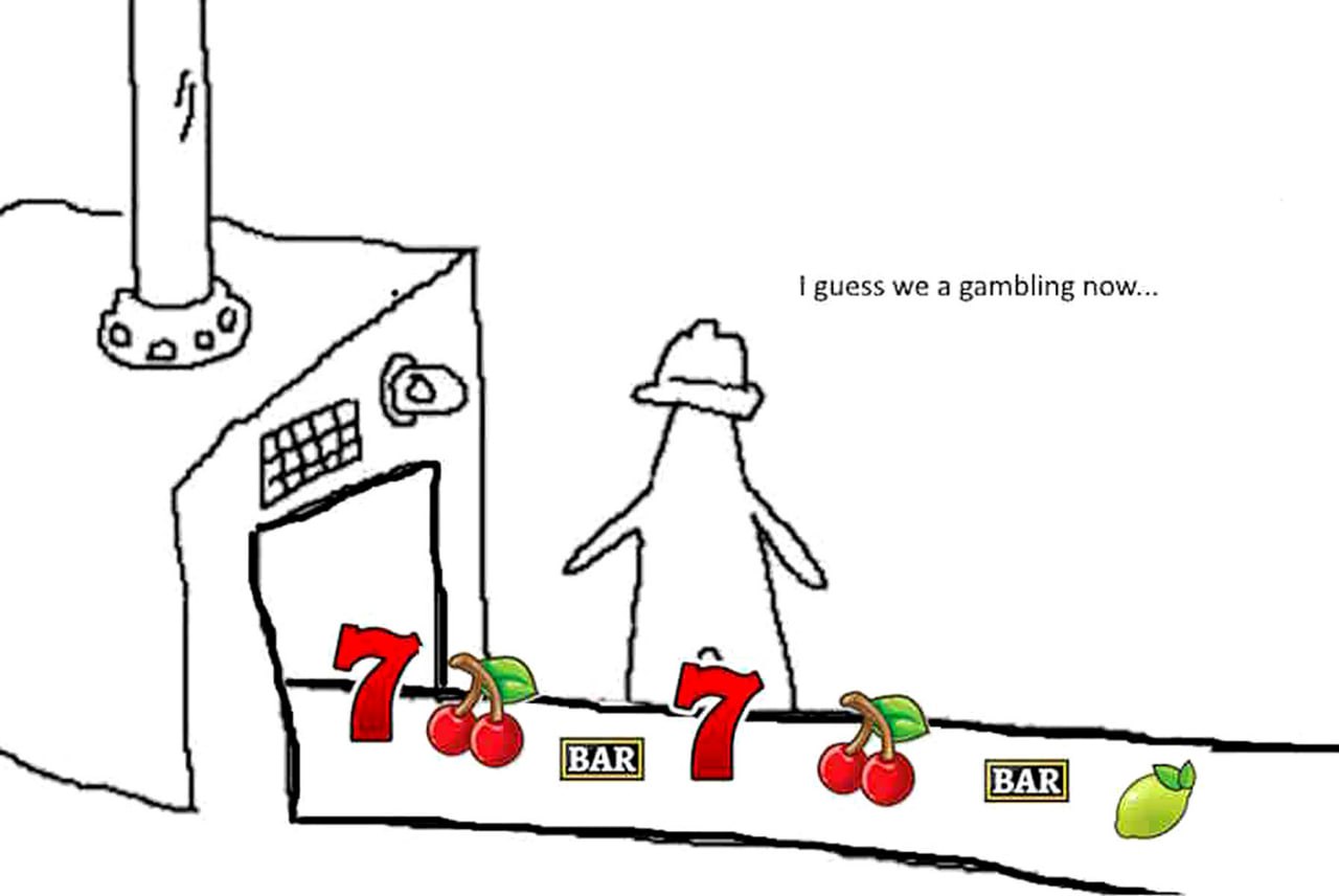 I guess we a gambling now Мем с конвейером и символами азартных игр и фразой «I guess we a gambling now»