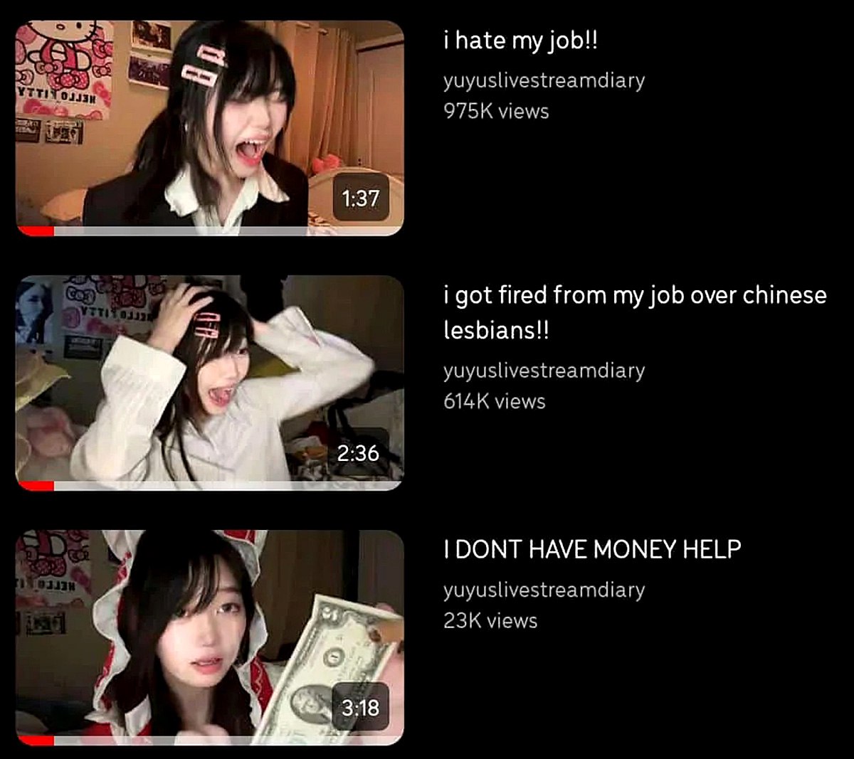 I hate my job, I got fired, I don't have money help Девушка ютубер, которая жалуется на жизнь в разных роликах, становится мемом