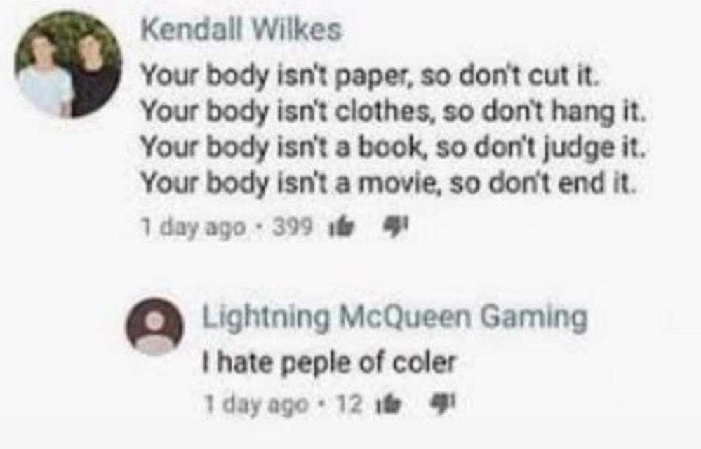 I hate peple of coler Мем с фразой «I hate peple of coler» от Lightning McQueen Gaming, в ответ на мотивирующий комментарий Kendall Wilkes.