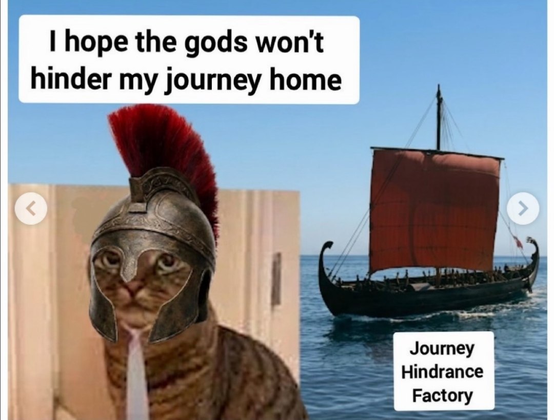 Кот в шлеме древнего воина и корабль с подписью Journey Hindrance Factory на фоне шутки про путь домой.