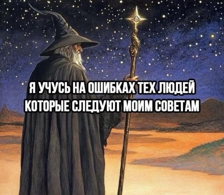 Волшебник с посохом говорит: «Я учусь на ошибках тех людей, которые следуют моим советам».
