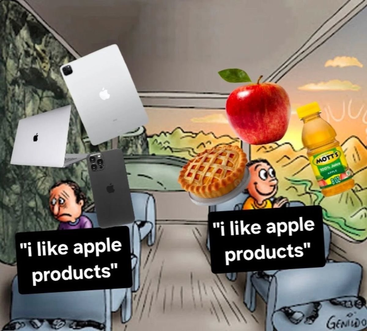 Я люблю продукты Apple Человек, который любит Apple-продукты (фрукты, пироги), доволен жизнью, в отличие от человека, который любит продукты Apple (гаджеты).