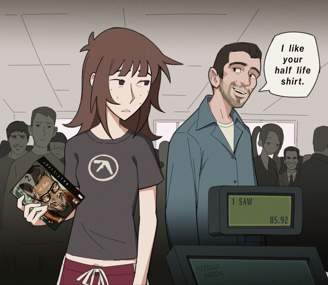 Мужчина говорит «I like your Half-Life shirt» девушке, которая держит игру Half-Life 2