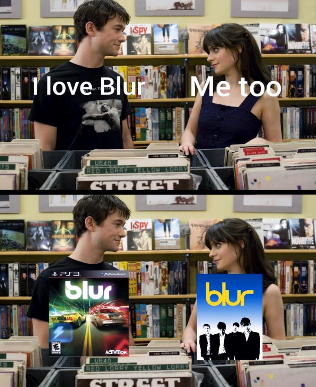 I love Blur misunderstanding Парень и девушка говорят «I love Blur», но имеют в виду разные вещи: игру и музыкальную группу