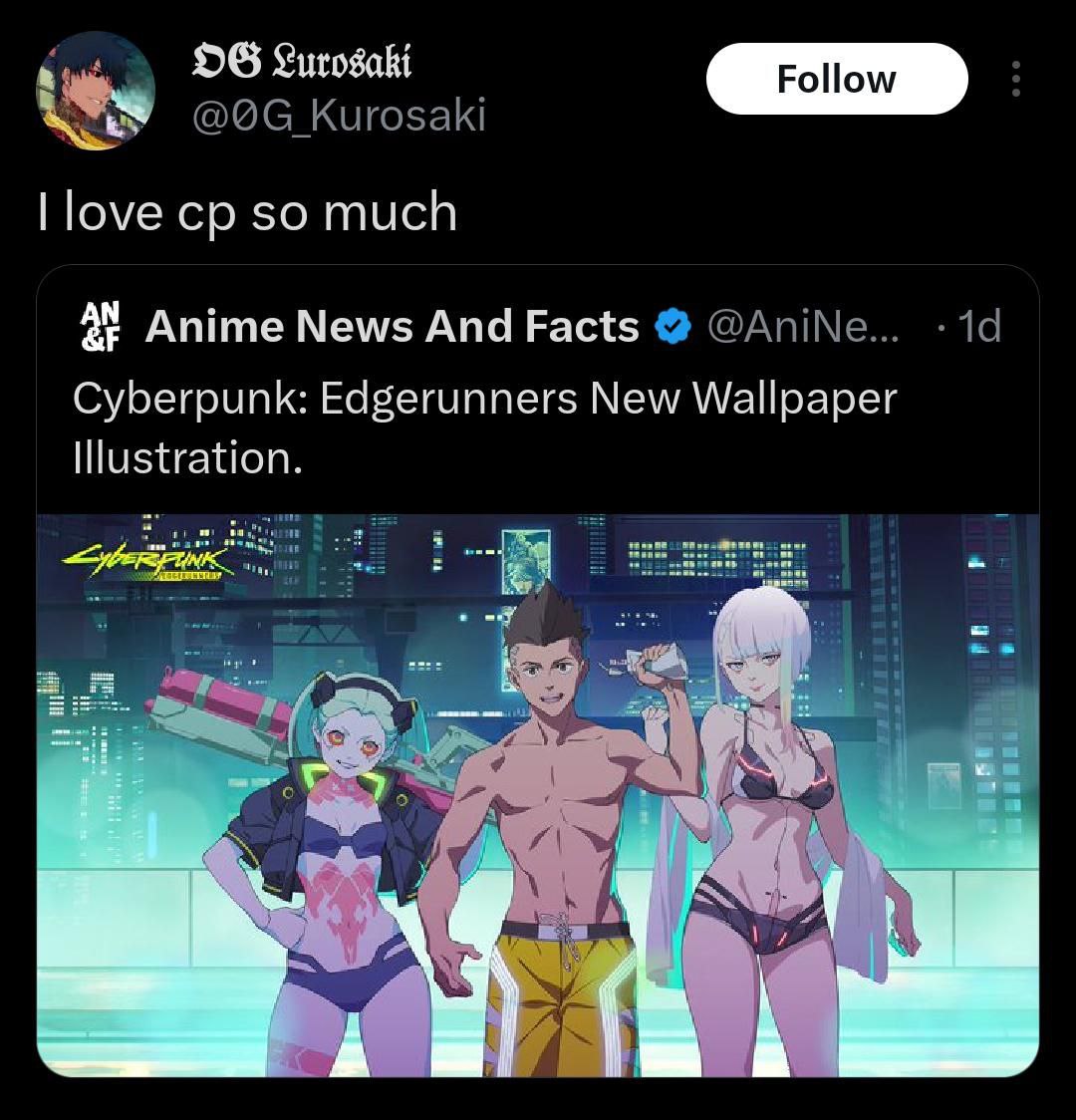 I love cp so much Скриншот твита, где пользователь написал «I love cp so much» над официальной иллюстрацией Cyberpunk: Edgerunners с персонажами в купальниках.