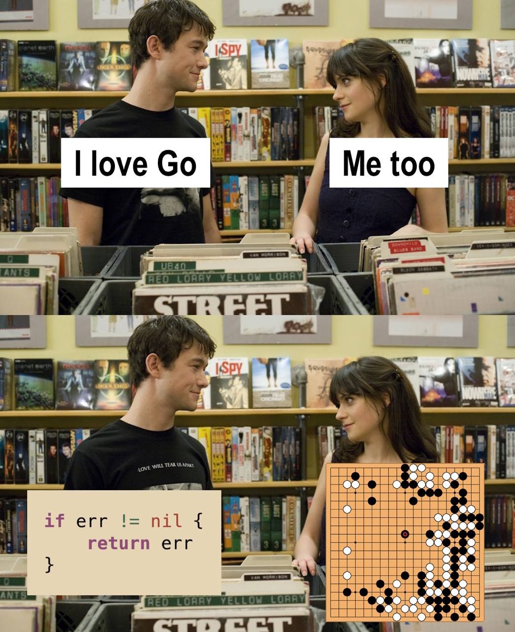 I love Go и Me too, язык программирования и настольная игра Мужчина и женщина в магазине виниловых пластинок признаются в любви к Go, затем раскрывается двойное значение слова "Go" как языка программирования и настольной игры