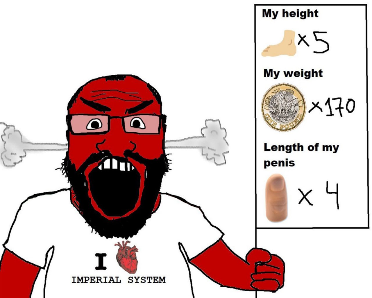 I love imperial system Мем с вояком, который злится и держит плакат с измерением своего тела в имперских единицах: рост, вес и длина пениса