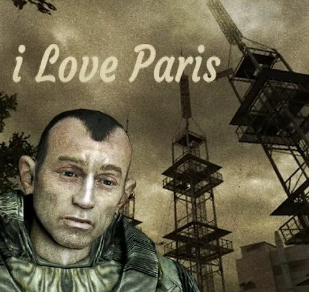 i Love Paris Сталкер Мем с персонажем из S.T.A.L.K.E.R. на фоне разрушенных башен и надписью «i Love Paris».