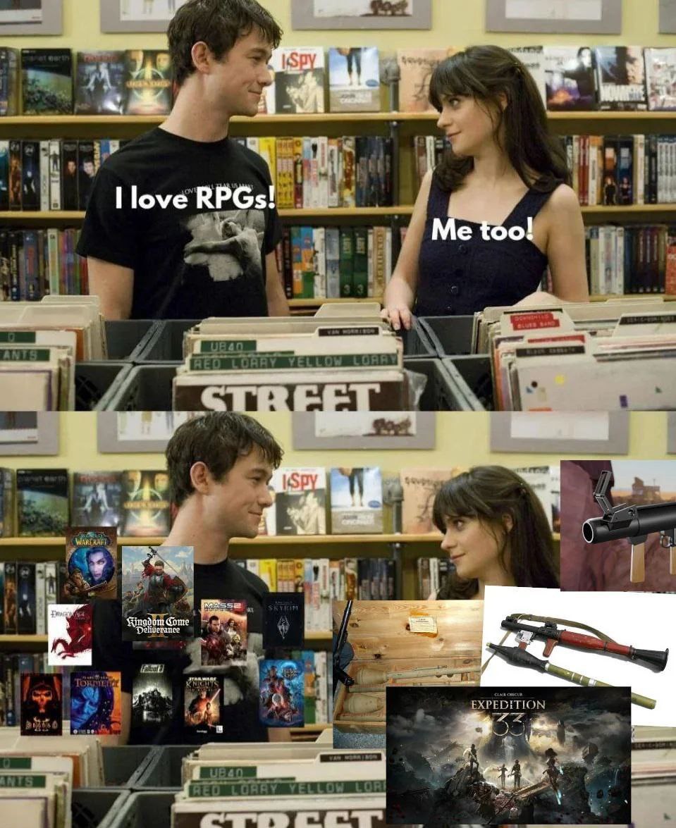 Мужчина говорит «I love RPGs!», а женщина отвечает «Me too!», подразумевая разные вещи: компьютерные игры и гранатомёты.