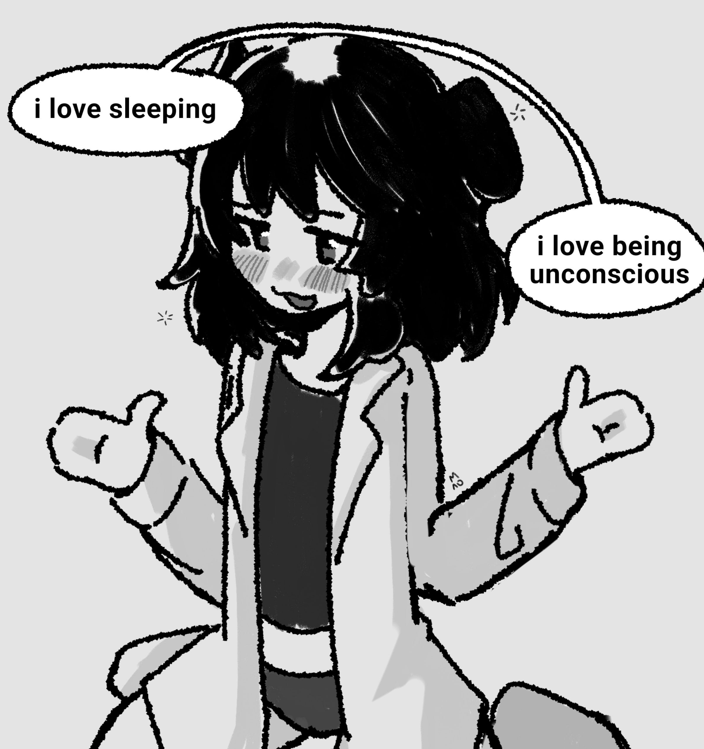 Грустный аниме-персонаж в белом халате говорит: «I love sleeping» и «I love being unconscious»