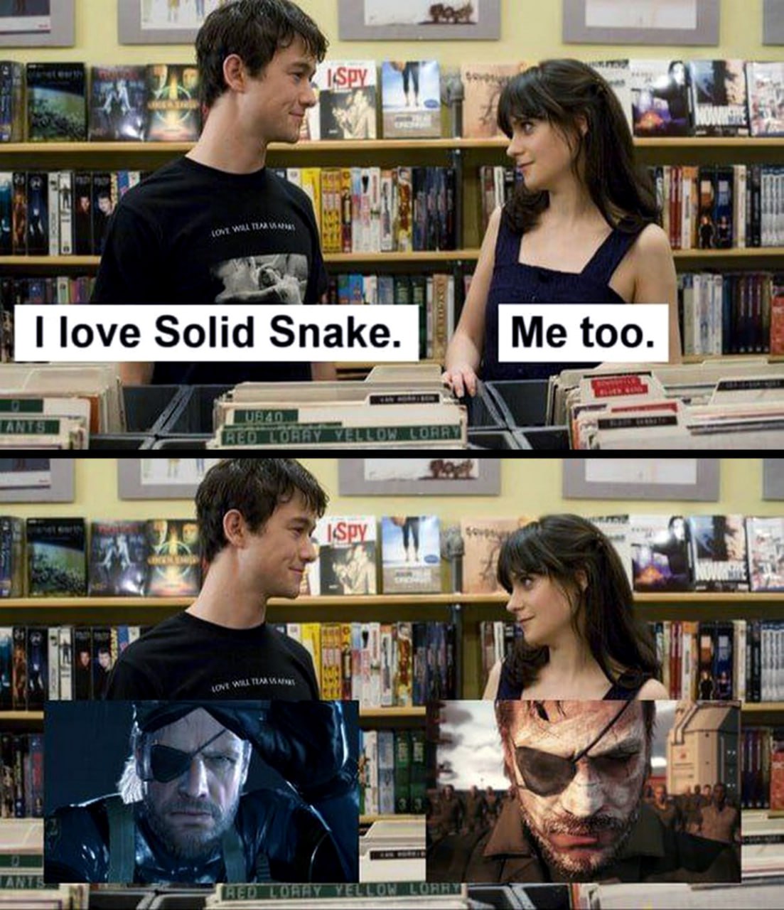 I love Solid Snake Мем с Джозефом Гордоном-Левиттом и Зоуи Дешанель в магазине дисков, где они обсуждают Солида Снейка