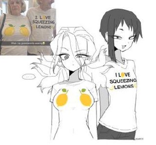 Аниме-персонажи и женщина в футболках с надписью «I LOVE SQUEEZING LEMONS» и лимонами.