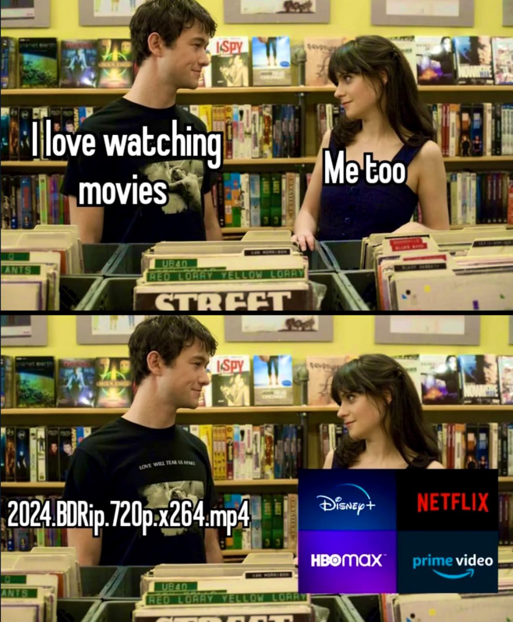 I love watching movies, but Парень и девушка говорят о любви к фильмам, затем показывают их предпочтения: парень любит пиратские копии, а девушка - стриминговые сервисы.