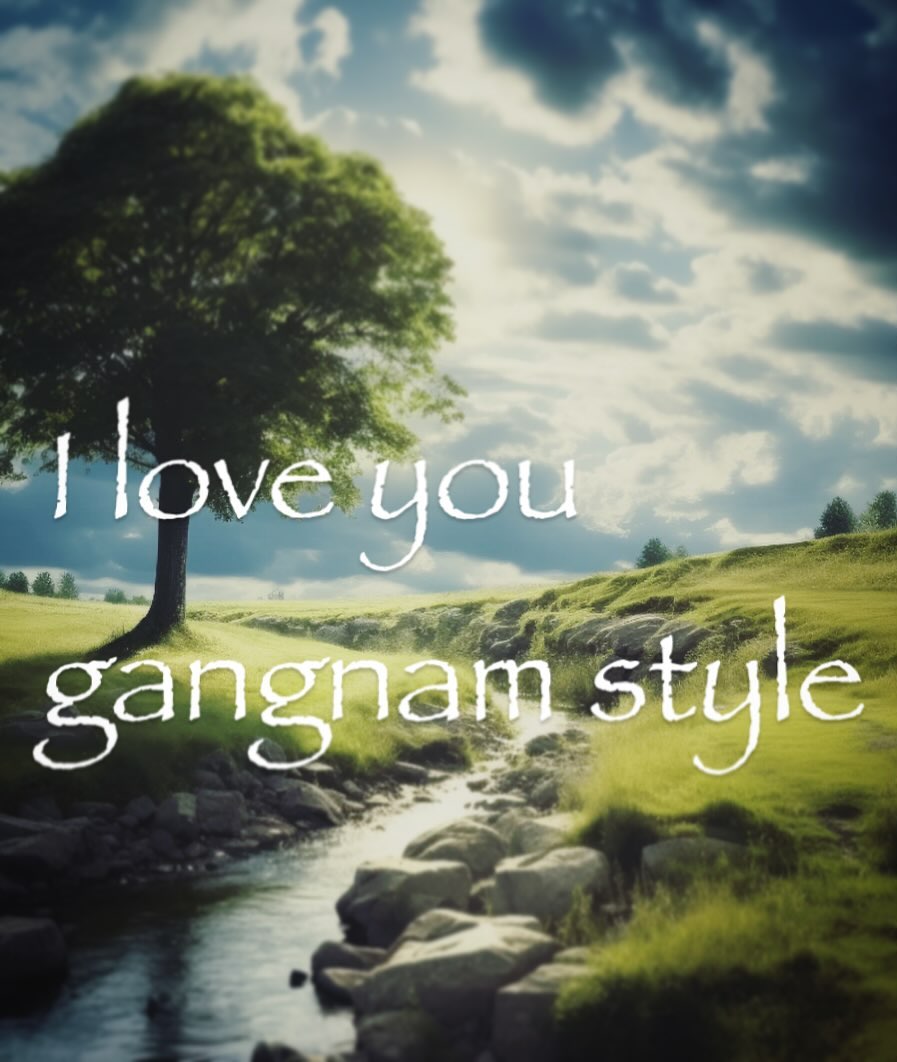 I love you gangnam style Мем с надписью «I love you gangnam style» на фоне ручья и дерева