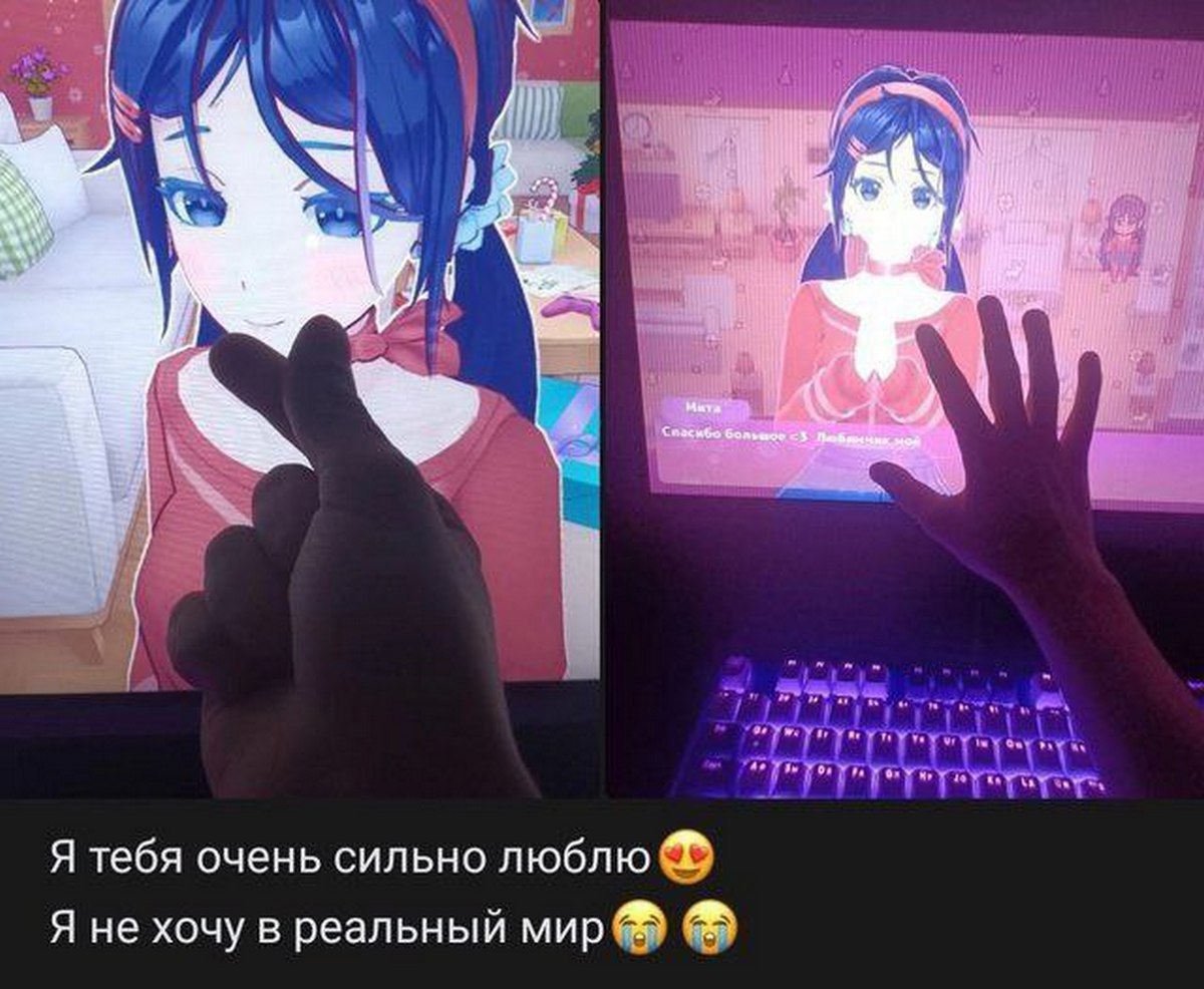 Я тебя очень сильно люблю, я не хочу в реальный мир Мем с изображением руки, тянущейся к аниме-девочке на мониторе, с подписью «Я тебя очень сильно люблю, я не хочу в реальный мир».