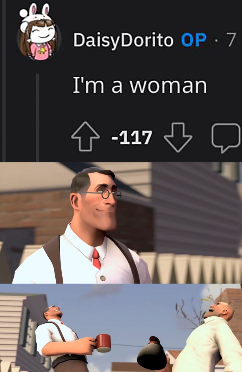 Я женщина, -117 Доктор и Солдат из Team Fortress 2 смеются над сообщением о
пользователе-женщине с Reddit