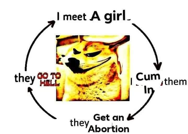 I meet a girl. Cum in them. They get an abortion. They go to hell Мем, изображающий повторяющийся цикл знакомства с девушкой, секса, аборта и отправления девушки в ад, с псом Доге в центре