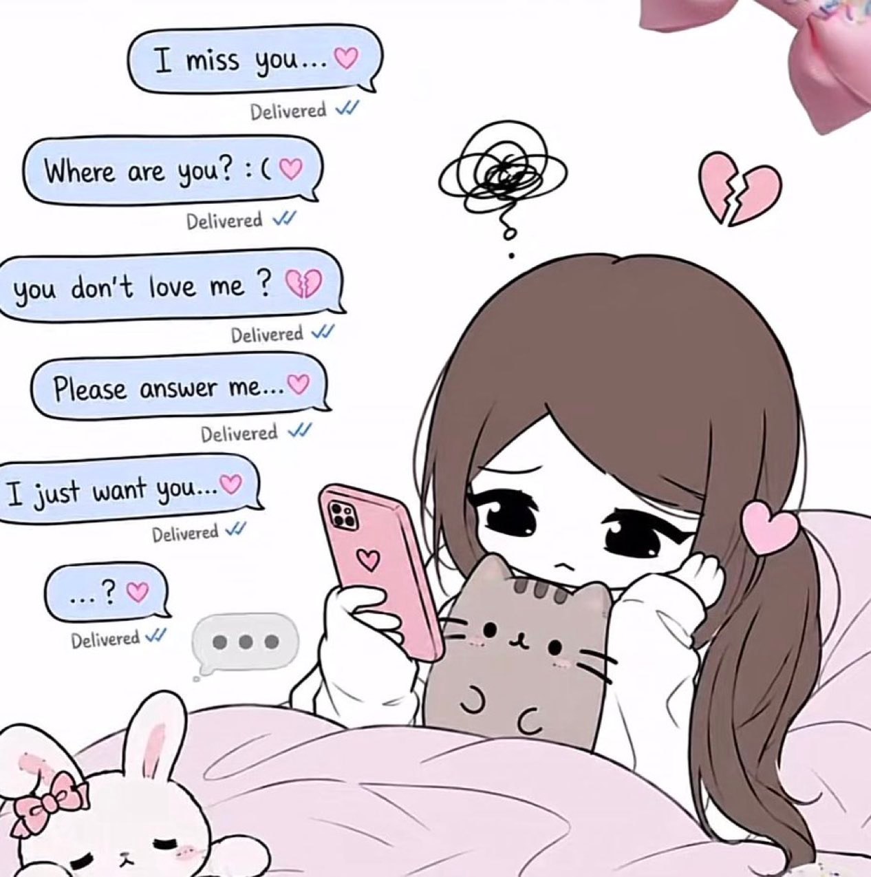 Грустная девушка обнимает кота и ждёт ответа на сообщения «I miss you», «Where are you?» и «Please answer me», но все они остаются доставленными.