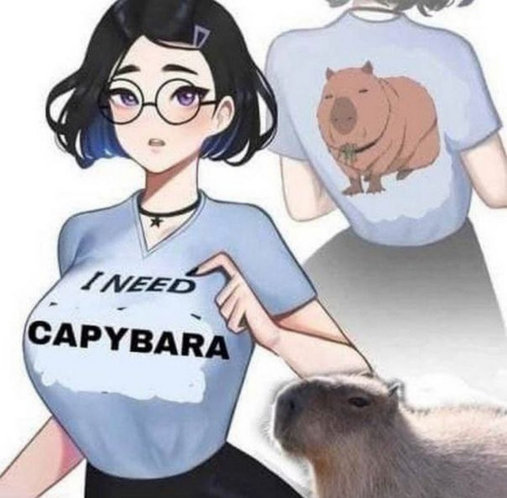 I need capybara Надпись I need capybara на футболке девушки-аниме, сзади которой изображена капибара, и настоящая капибара на переднем плане
