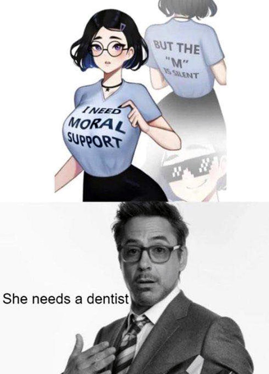 I need moral support, but the M is silent Аниме девушка с надписями на футболке и Роберт Дауни младший говорит, что ей нужен дантист