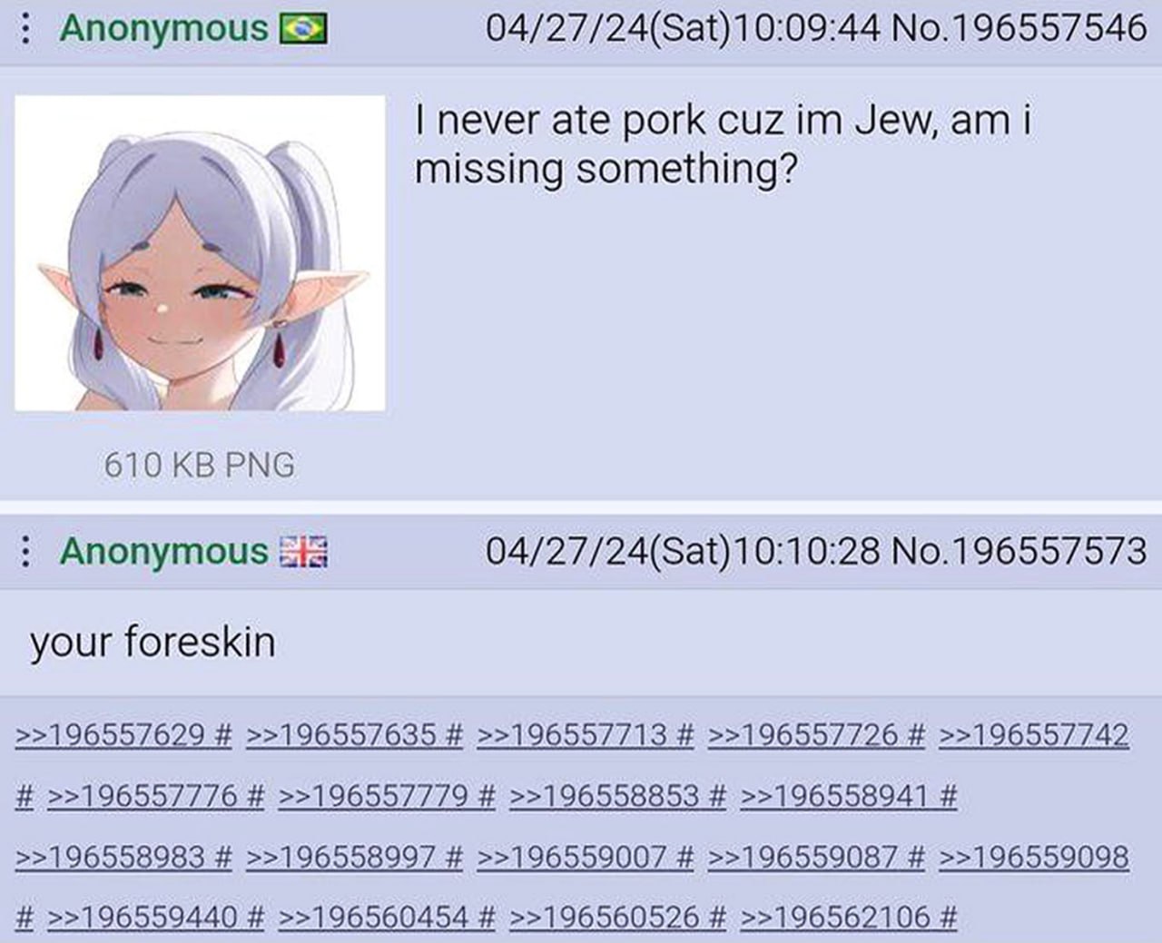 Я никогда не ел свинину, потому что я еврей Мем с перепиской на 4chan, где пользователь спрашивает, не упускает ли он чего-то, не попробовав свинину, будучи евреем, а другой пользователь отвечает "твою крайнюю плоть".