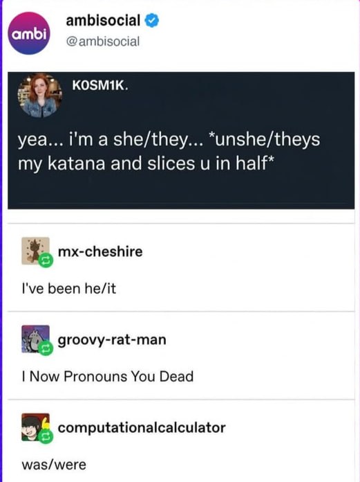 Скриншот поста и комментариев с шуткой про местоимения, где есть фраза «I Now Pronouns You Dead»