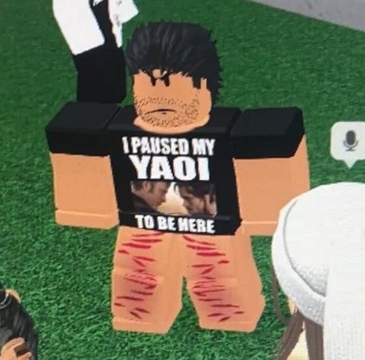 I paused my yaoi to be here Мем с аватаром из Roblox в черной футболке с надписью "I paused my yaoi to be here" и порезами на ногах, стоящим на зеленой траве