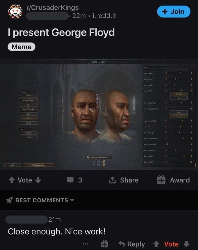 I present George Floyd Персонаж из Crusader Kings 3, похожий на Джорджа Флойда, созданный в редакторе правителя.