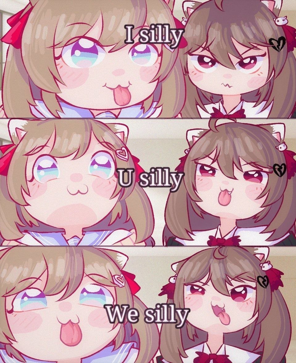 Две аниме-девушки-кошки дурачатся вместе: «I silly», «U silly», «We silly»