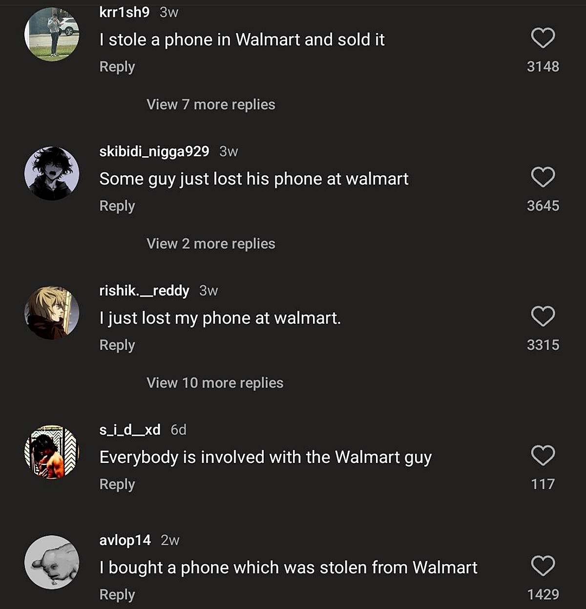 I stole a phone in Walmart and sold it Мем с цепочкой комментариев о краже телефона в Walmart