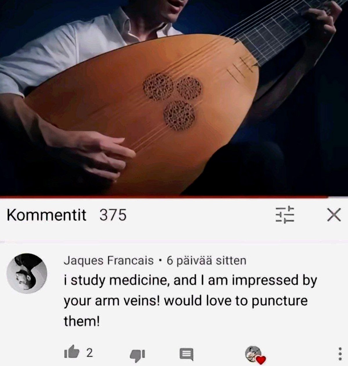 I study medicine, and I am impressed by your arm veins Комментарий на YouTube под видео с лютней про вены на руке