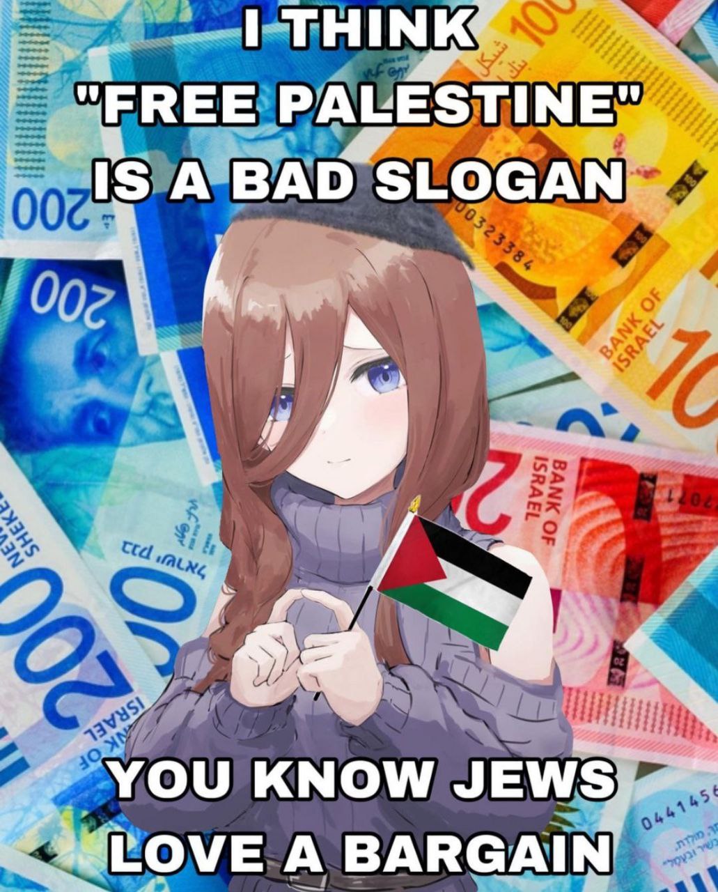 I THINK "FREE PALESTINE" IS A BAD SLOGAN На изображении аниме-девушка в сером свитере и кипе на фоне израильских шекелей держит в руке флаг Палестины, а на картинке написан текст: «I THINK "FREE PALESTINE" IS A BAD SLOGAN YOU KNOW JEWS LOVE A BARGAIN»