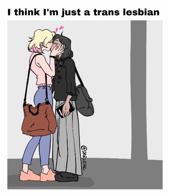 Две девушки целуются, а над ними надпись «I think I'm just a trans lesbian» — «Кажется, я просто транс-лесбиянка».