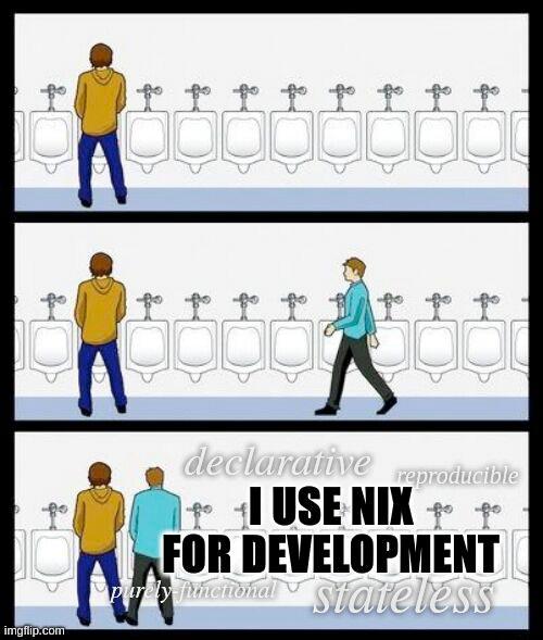 I use Nix for development Мужчина в туалете подходит к занятому писсуару со словами «Я использую Nix для разработки»