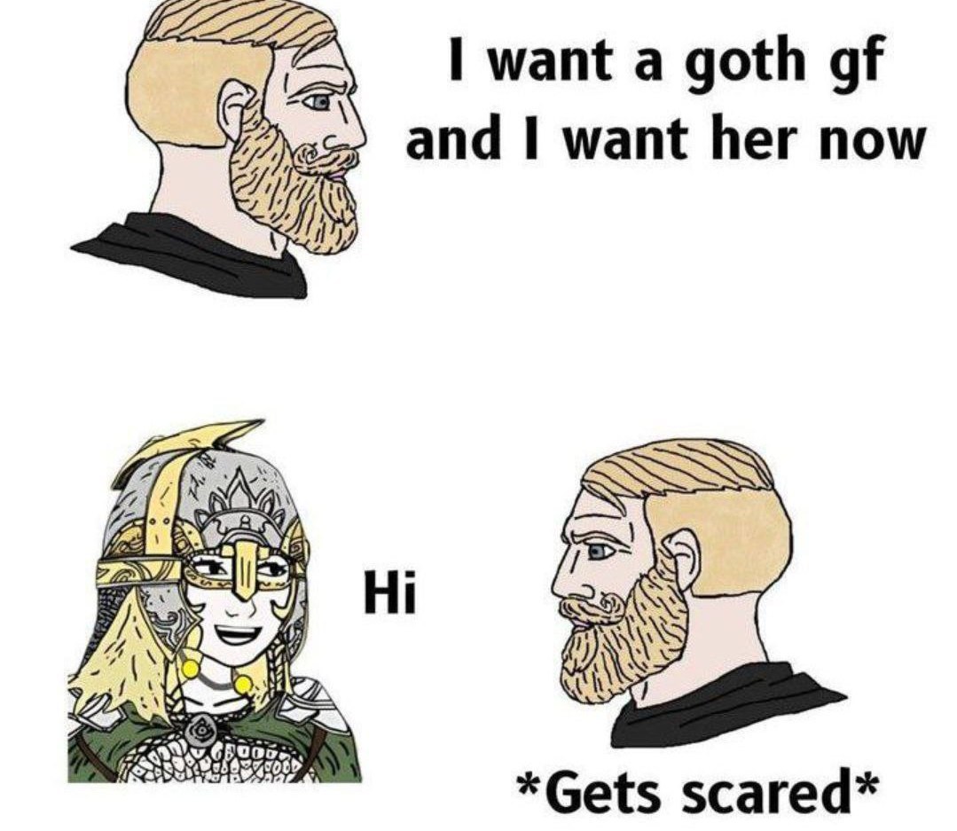 I want a goth gf and I want her now Мем про Чада, который хочет девушку-гота, но пугается, когда ему является девушка-викинг