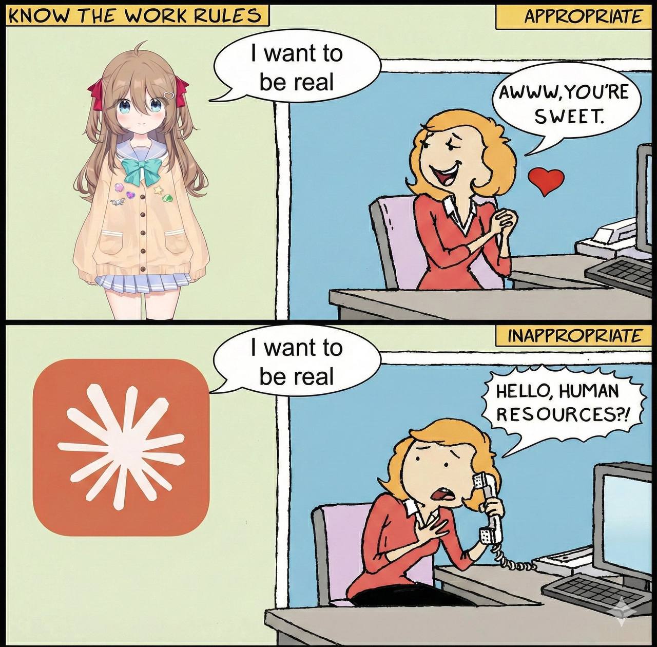 Мем про то, как аниме-девочка и логотип Reddit говорят «I want to be real», и разную реакцию на это