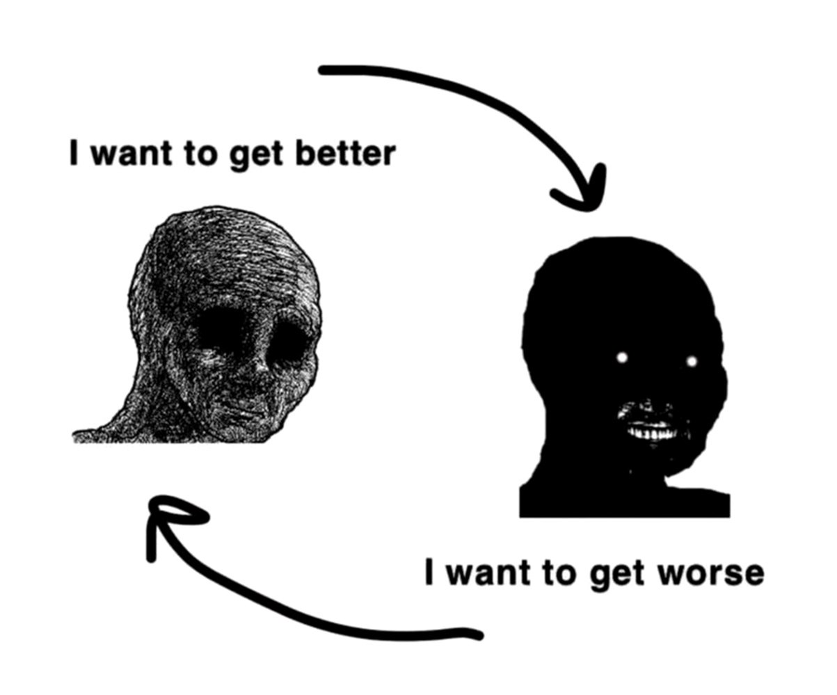 I want to get better I want to get worse Мем "Я хочу стать лучше / Я хочу стать хуже" с двумя головами, соединенными стрелками