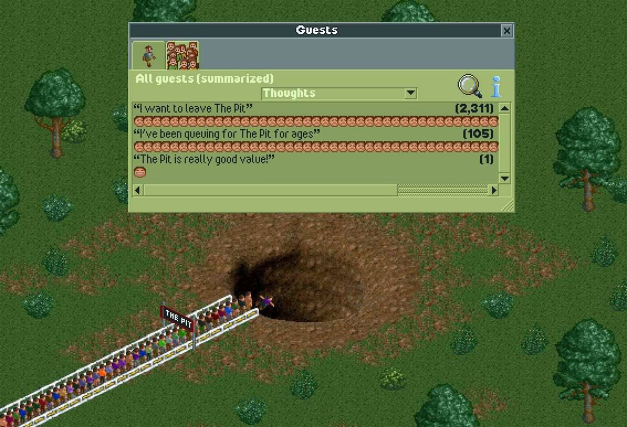I want to leave The Pit Очередь в The Pit из RollerCoaster Tycoon 2 с мыслями посетителей о желании уйти.