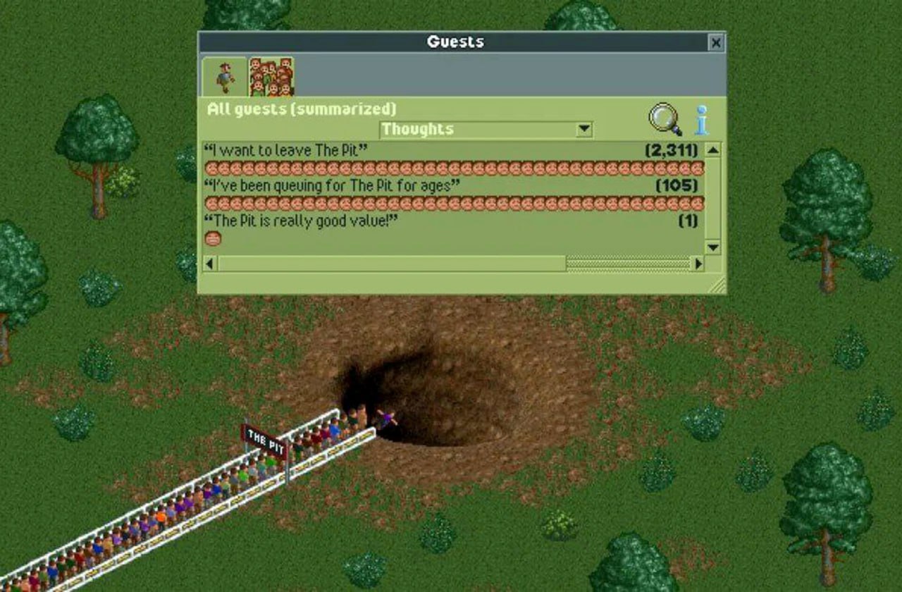 I want to leave The Pit Яма из RollerCoaster Tycoon 2, где посетители хотят уйти