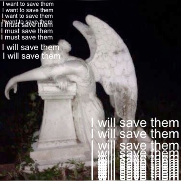 Статуя ангела с многократно повторяющейся надписью «I want to save them» и переходом к хаотичному «I will save them».
