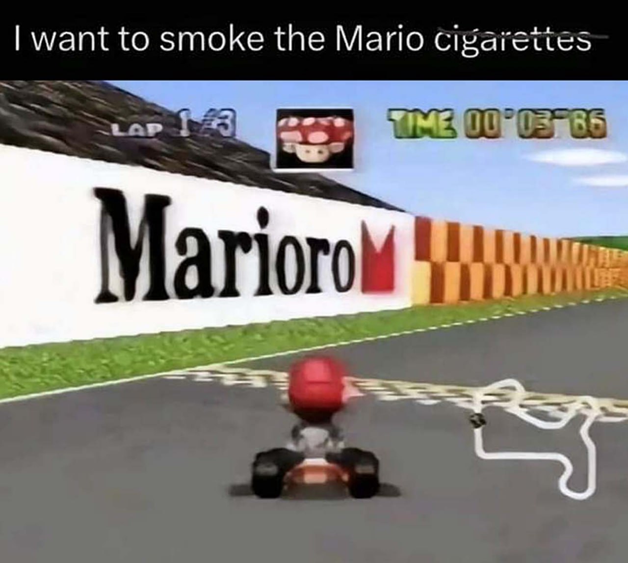 Я хочу курить Mario cigarettes Марио едет на карте, а на стене вдоль трассы написано Marioro, стилизованное под Marlboro.