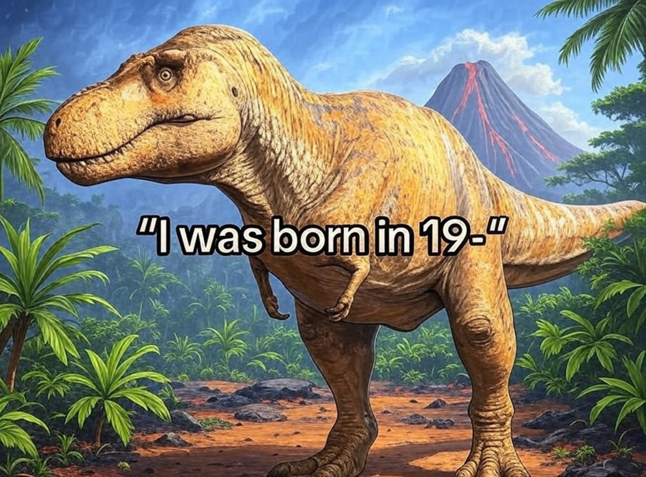 Я родился в 19- Мем с динозавром, который говорит "I was born in 19-" на фоне первобытного пейзажа с вулканом.