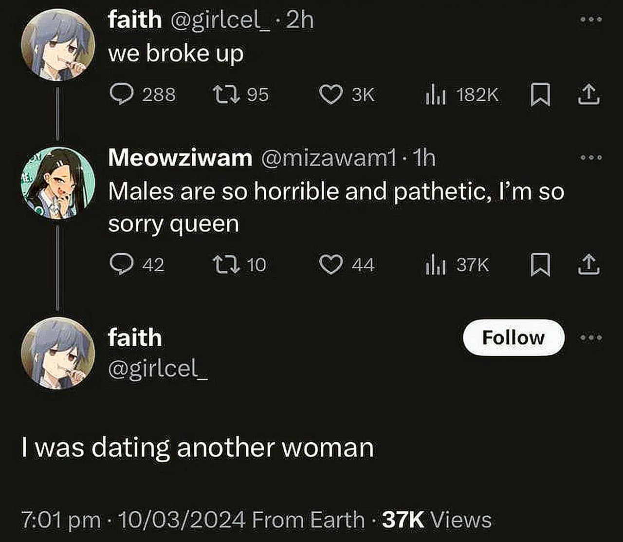 I was dating another woman Переписка в Твиттере, где девушка пишет «I was dating another woman»