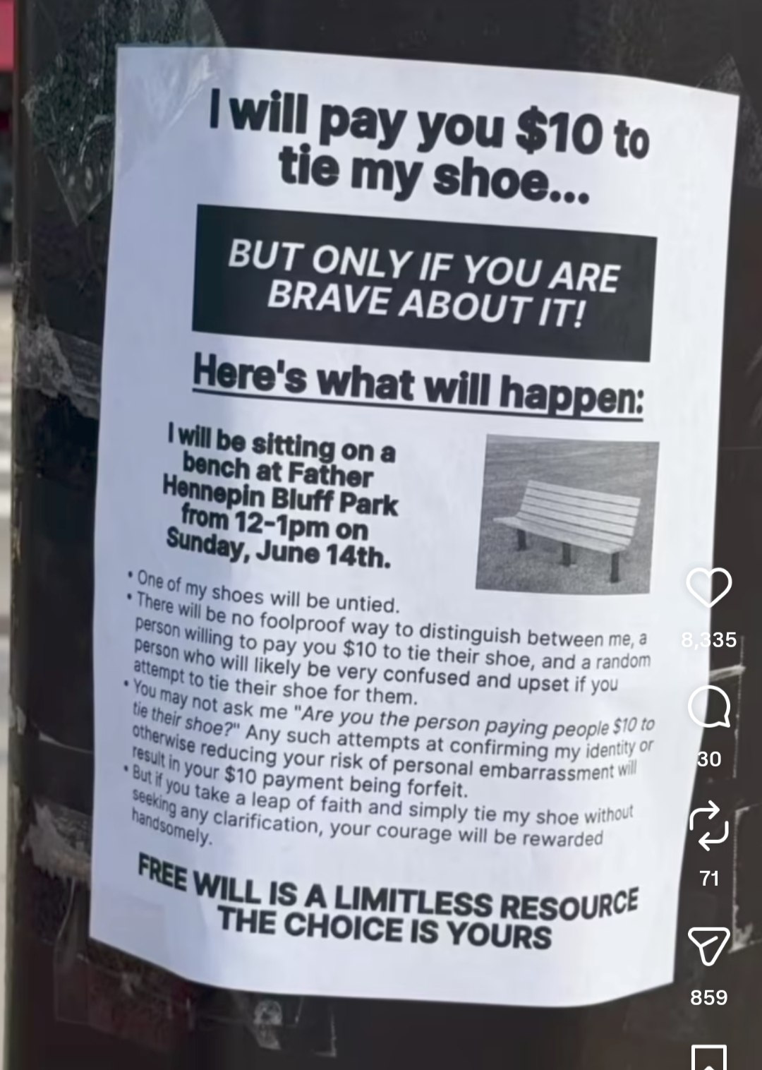 Листовка с объявлением: «I will pay you $10 to tie my shoe...» и абсурдными условиями про смелость и отсутствие вопросов.